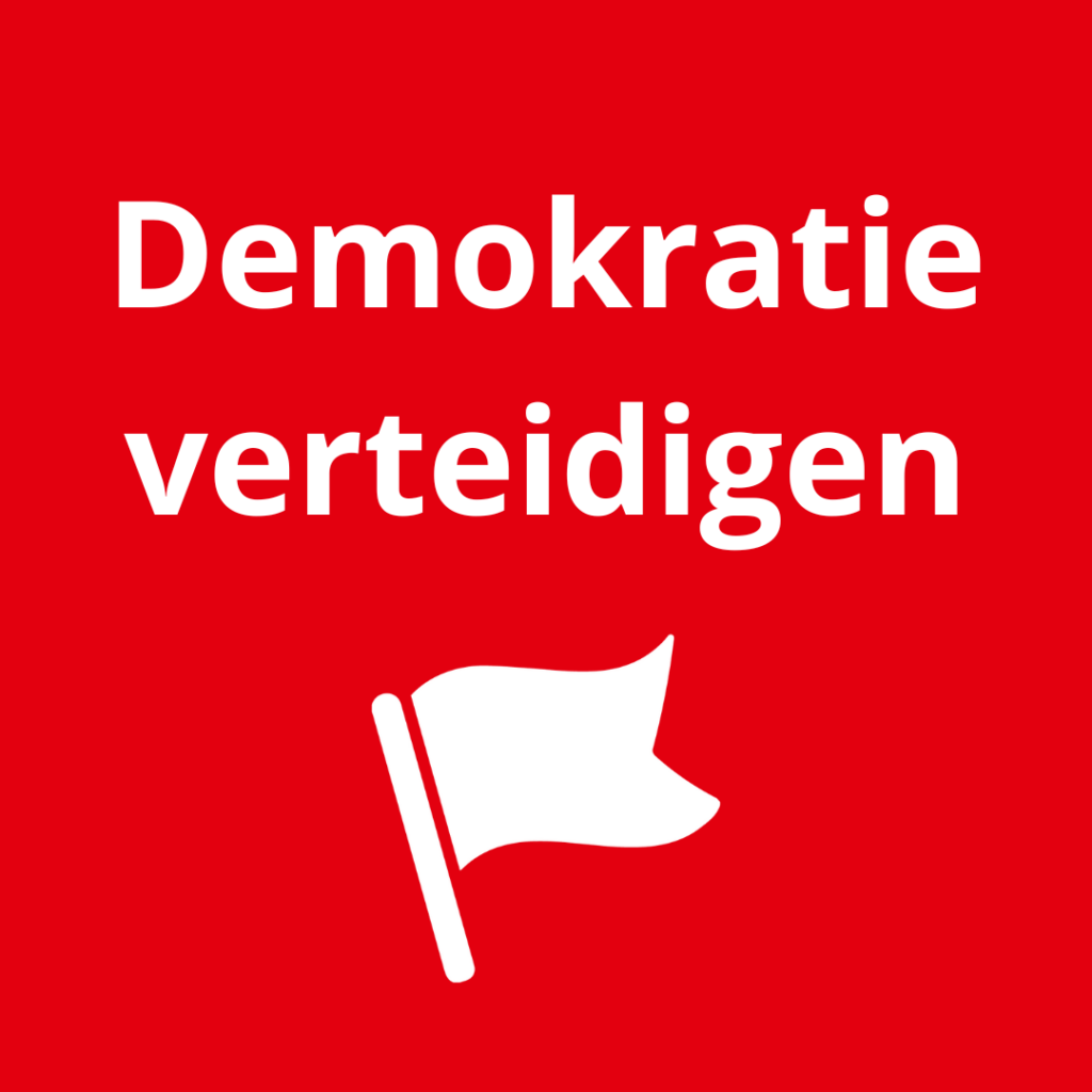 Beitragsbild mit dem Text "Demokratie verteidigen" und Piktogramm mit einer Flagge