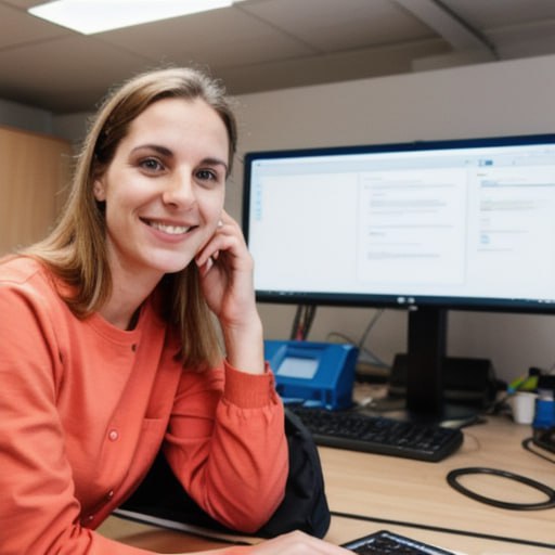 Eine KI generierte Frau mit orangenem Oberteil vor einem Computer