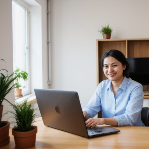 Eine KI generierte Frau mit blauem Oberteil vor einem Laptop