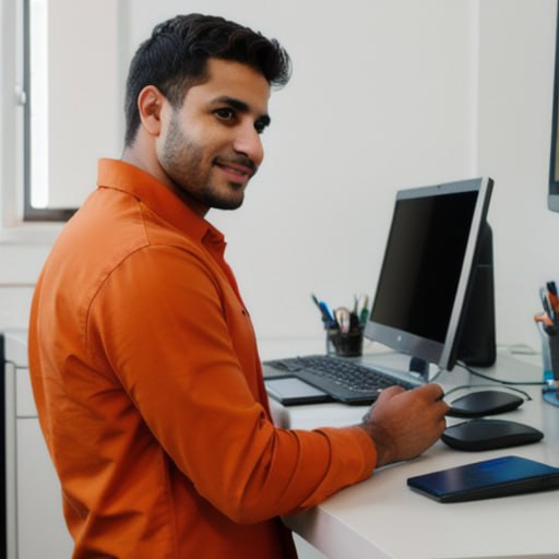 Ein KI generierter Mann mit orangenem Hemd steht vor einem Tisch mit PC