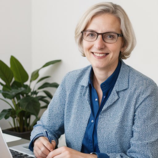 Eine KI generierte Frau mit blauem Oberteil vor einem Computer mit einem Stift in der Hand.